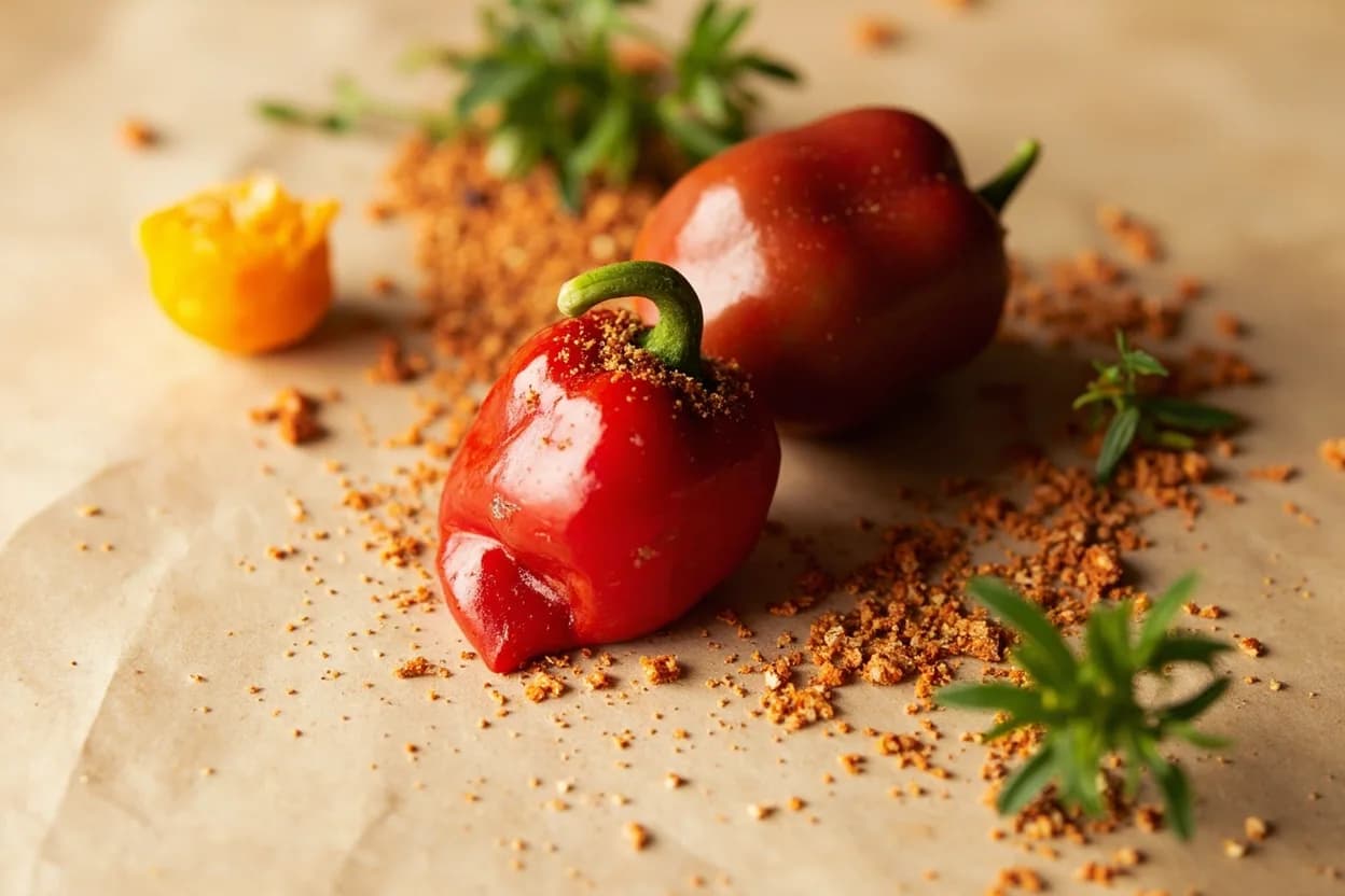 Scotch Bonnet Pepper paired with Allspice (pimento) (Jamaican) — the canonical affinity made visible. The foundational jerk pairing — allspice's clove-and-cinnamon warmth weaves around the chili's fruit, the combination inseparable from Jamaican jerk.