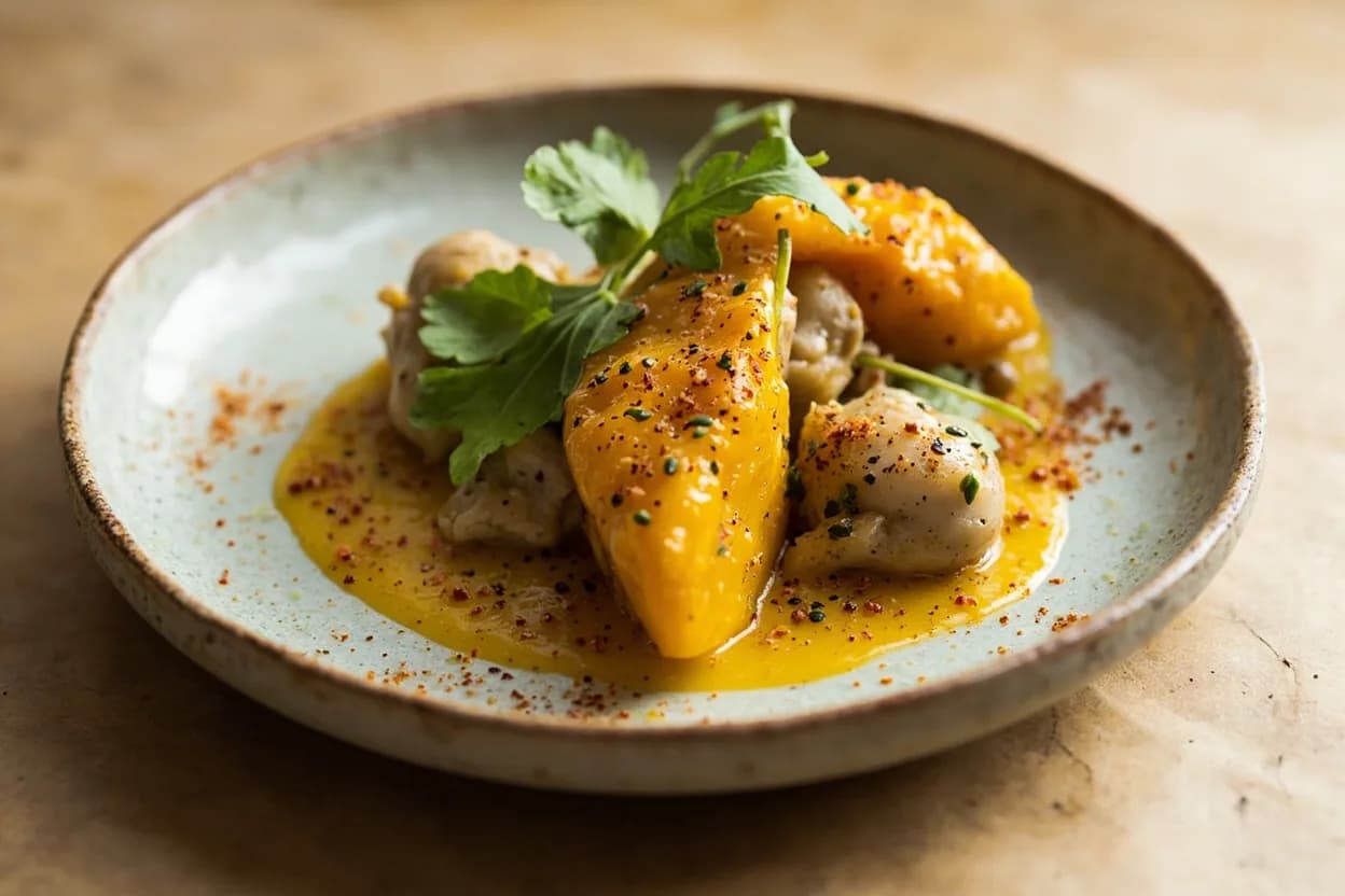 Scotch Bonnet Pepper in its element — Jamaican jerk chicken and pork. Adventurous crossover: Mango — Shares esters for a double tropical hit — scotch bonnet mango salsa or hot sauce plays on the shared aromatic compounds, the chili's heat dramatizing the fruit's sweetness..
