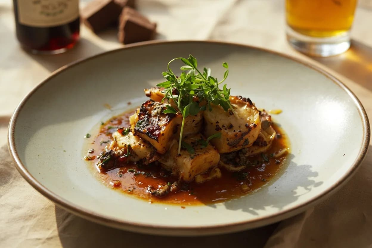 Sherry Vinegar in its element — Gazpacho andaluz. Adventurous crossover: Dark chocolate — A few drops of quality Gran Reserva sherry vinegar in a dark chocolate sauce or ganache reads as an indefinable depth note — the nut-caramel-acid profile complements cacao without any obvious vinegar presence.
