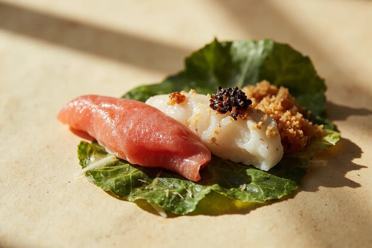 Shiso (Perilla) paired with Raw fish (sashimi/sushi) (Japanese) — the canonical affinity made visible. Shiso is sashimi's traditional bed and garnish because perillaldehyde has proven antimicrobial properties and its bright anise-mint freshness cuts through the oceanic richness of fatty fish like salmon, mackerel, and to…