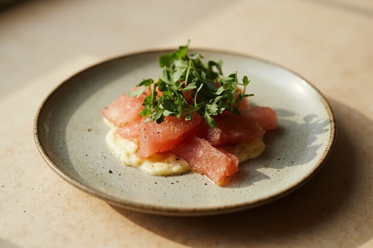 Shiso (Perilla) in its element — Hiyayakko (cold tofu). Adventurous crossover: Watermelon — Shredded green shiso scattered over watermelon with a few grains of flaky salt is a Japanese summer salad move that works because the herb's anise note echoes compounds in watermelon rind, and both share a cooling chara….