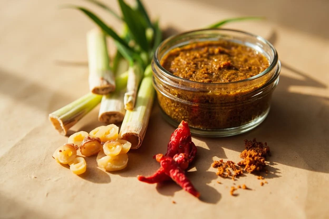 Shrimp Paste (Belacan / Kapi) paired with Lemongrass (Malaysian / Thai) — the canonical affinity made visible. The citral freshness of lemongrass is the canonical foil to belacan's pungency — every laksa paste, rendang rempah, and Thai roasted chilli jam opens with this pairing, their contrasting intensities resolving into a coh…