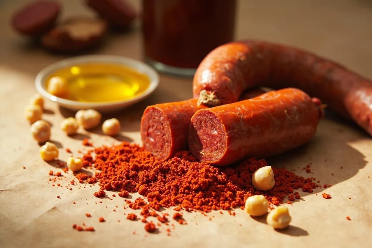 Smoked Paprika (Pimentón de la Vera) paired with Chorizo (Spanish) — the canonical affinity made visible. Pimentón is the defining spice in chorizo; the fat in the sausage blooms its smoke and color into every bite.