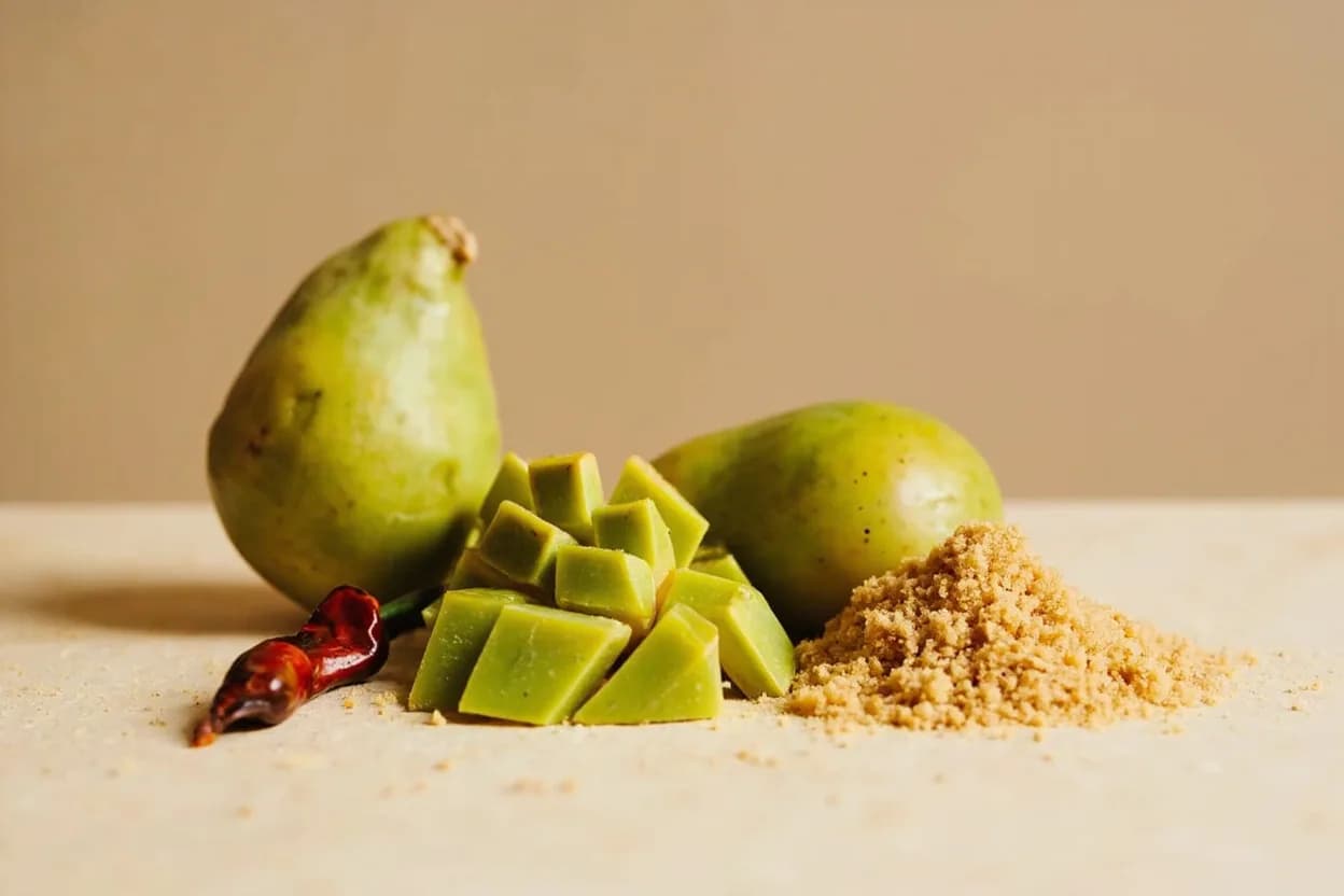 Sour Green Mango paired with Palm sugar (Thai) — the canonical affinity made visible. Caramelized palm sugar in yam mamuang dressing softens the acid into a harmonious sweet-sour balance that defines Thai flavor architecture.