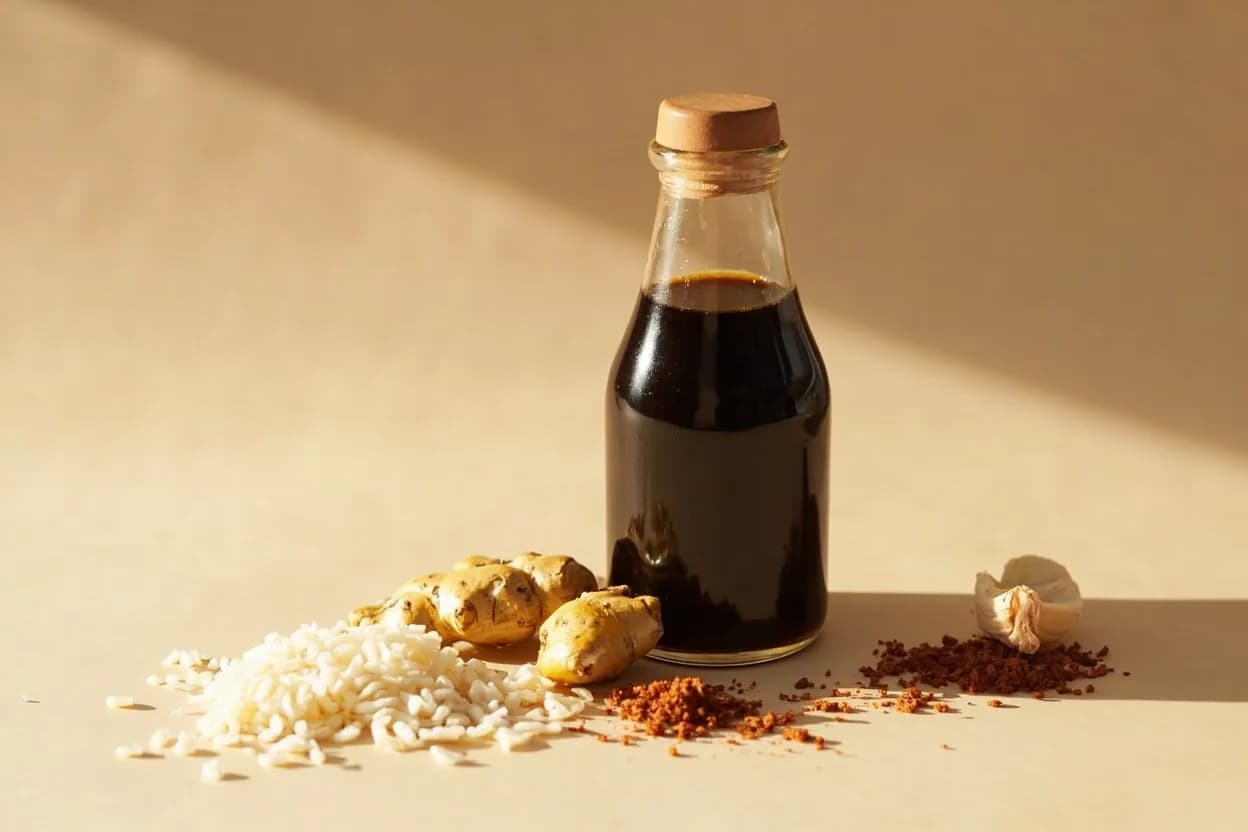 Soy Sauce paired with Ginger (Japanese / Chinese) — the canonical affinity made visible. Soy sauce and ginger are inseparable across Japanese and Chinese cuisines — ginger's pungent oils cut the sauce's salinity while soy grounds ginger's sharpness into a harmonious dipping base.