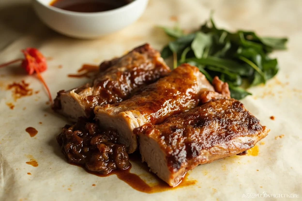Ssamjang paired with Samgyeopsal (grilled pork belly) (Korean) — the canonical affinity made visible. The paradigmatic ssam pairing: fatty, charred pork belly wrapped in perilla or lettuce with ssamjang.