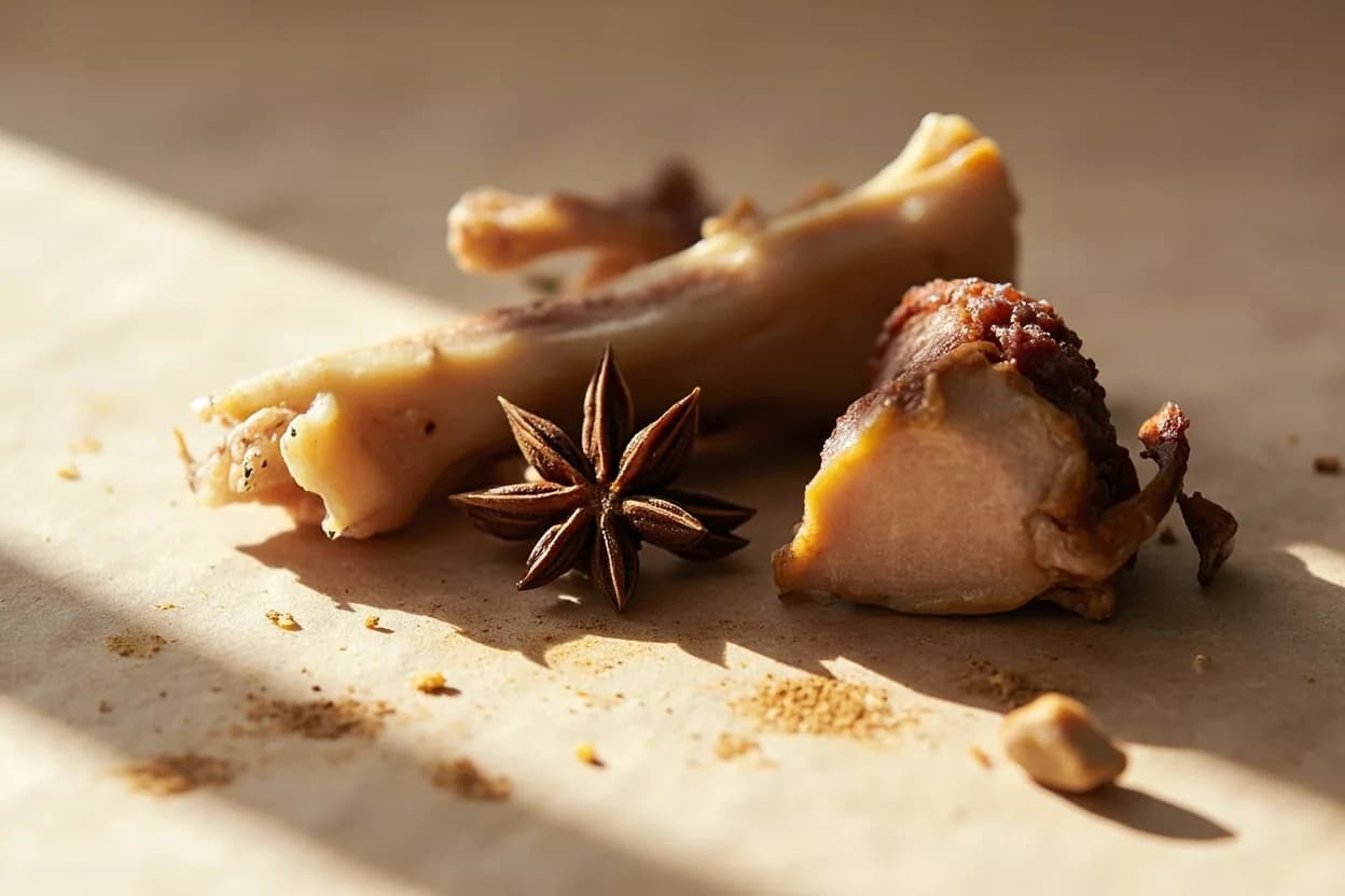 Star Anise paired with Beef bones and oxtail (Vietnamese) — the canonical affinity made visible. Star anise is indispensable in pho bo — hours of simmering with charred ginger and onion creates Vietnam's most iconic broth, the anise holding the meaty depth in check.