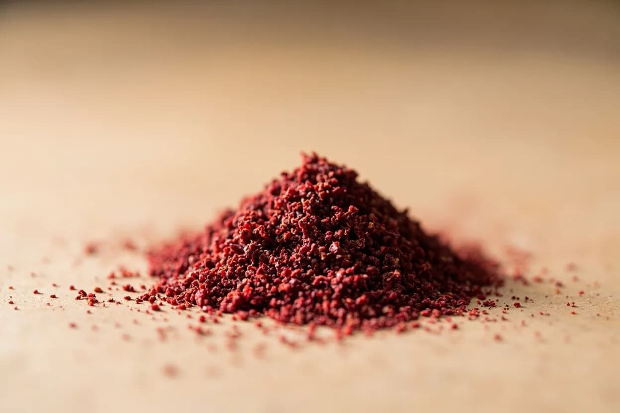 Sumac in its natural form. Sumac is the dried and coarsely ground berry of Rhus coriaria, a shrub native to the Middle East and Mediterranean. Tasting profile: bright malic and tartaric acid sourness, fruity berry undertone (dried plum, cranberry), mild tannic astringency, subtle floral hint.