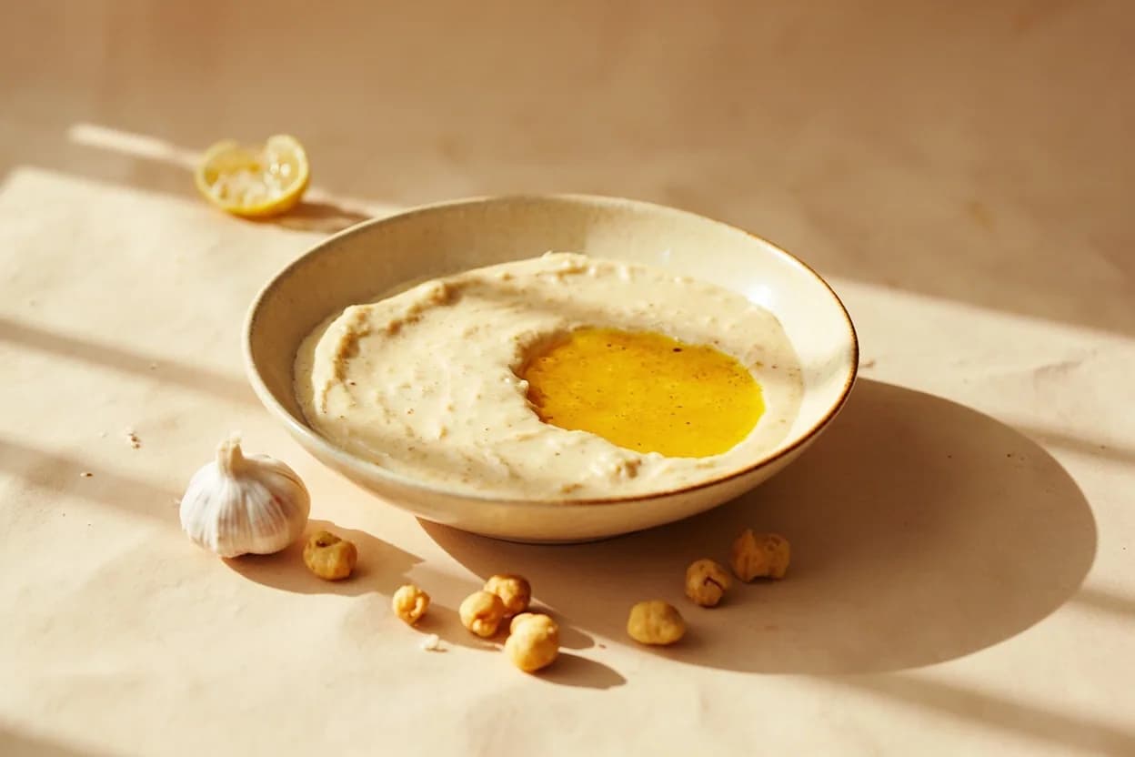 Tahini paired with Lemon juice (Levantine) — the canonical affinity made visible. Acid is tahini's defining counterpart: lemon thins the paste, brightens its bitterness into a vibrancy, and emulsifies it with water for sauces, dips, and dressings.