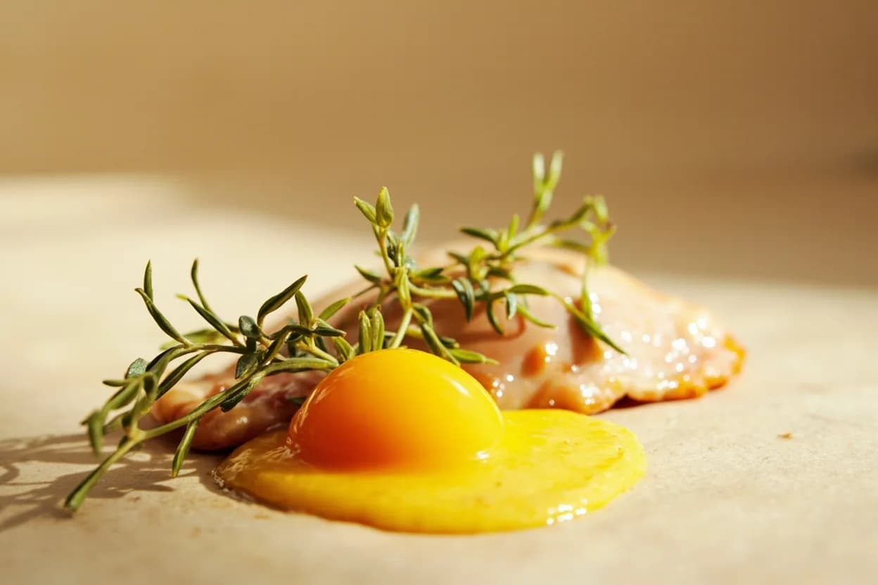 Tarragon paired with Egg yolk (French) — the canonical affinity made visible. The anise lift cuts the richness of yolk in béarnaise and egg-yolk sauces; a foundational pairing in classical French cookery.