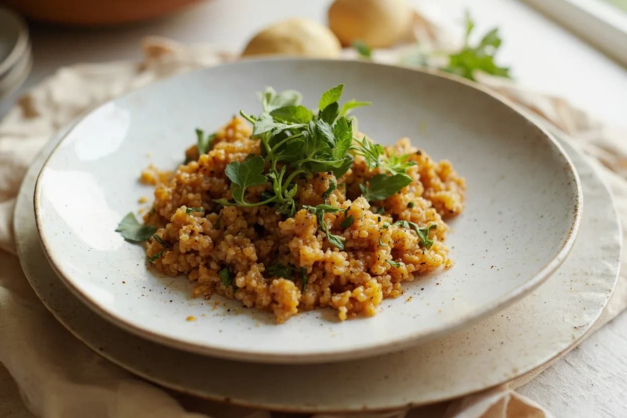 Teff in its element — Injera (Ethiopian/Eritrean fermented flatbread). Adventurous crossover: Espresso — Ground espresso stirred into teff porridge or baked goods creates a layered mocha effect; both share roasted-bitter compounds that reinforce rather than clash..