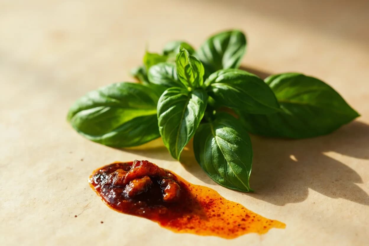 Thai Basil paired with Oyster sauce (Thai) — the canonical affinity made visible. The combination of oyster sauce's sweet, thick umami and Thai basil's anise-clove perfume is the very definition of pad krapow (Thai basil stir-fry) — oyster sauce provides the caramelized depth that carries the herb's …
