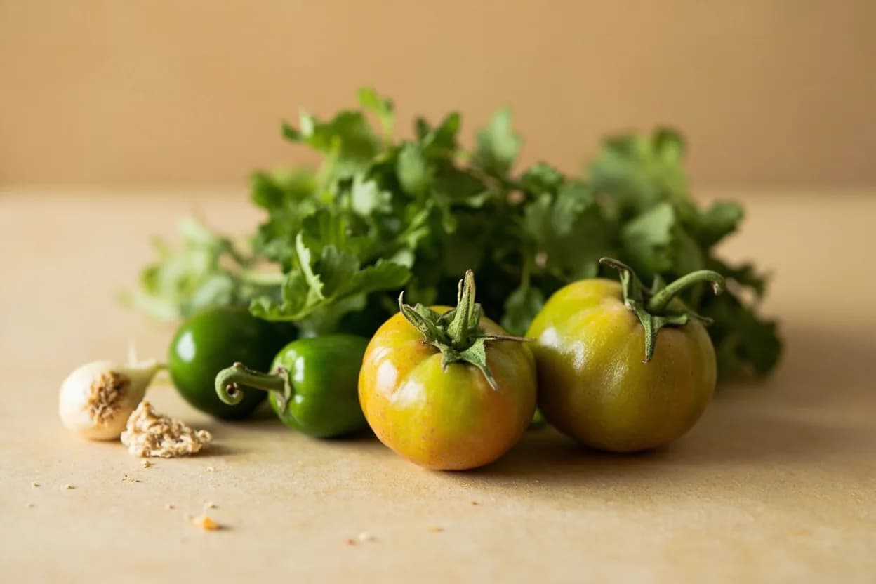 Tomatillo paired with Serrano or jalapeño chile (Mexican) — the canonical affinity made visible. The heat of fresh green chiles is the essential counterpart to tomatillo's acid; together they form the base of classic salsa verde cruda.