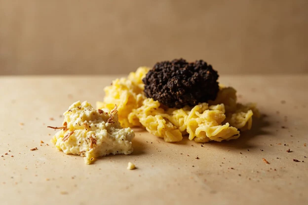 Truffle paired with Eggs (scrambled, poached, en cocotte) (French, Italian) — the canonical affinity made visible. The fat-soluble aromatics of truffle permeate egg yolk overnight in a sealed container; the richness of egg carries the aroma without competing.