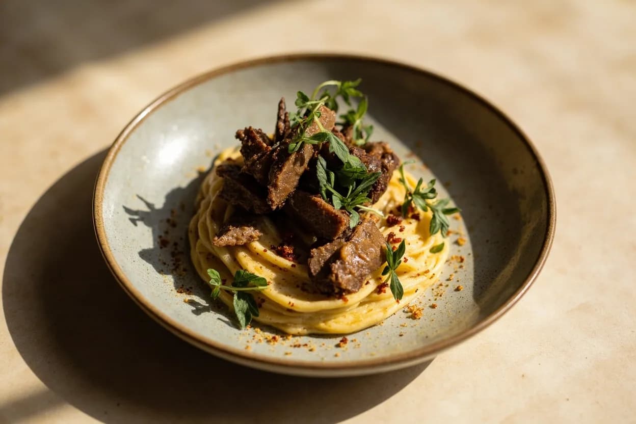 Truffle in its element — Tagliolini al tartufo bianco (Piemonte). Adventurous crossover: Dark Chocolate (72%+ cacao) — Shared sulfur-adjacent earth compounds link black truffle and dark chocolate; truffle-ganache confections from avant-garde chocolatiers exploit this uncanny resonance..