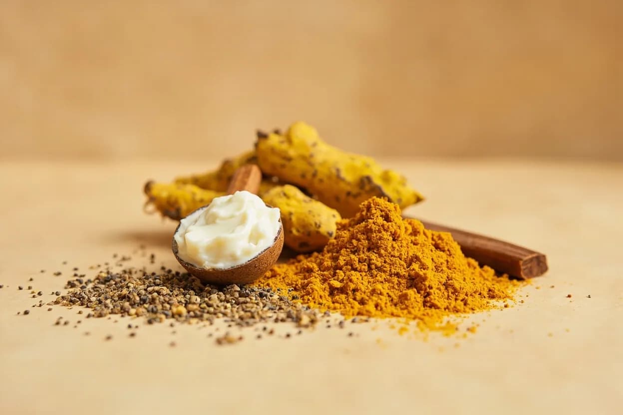 Turmeric paired with Coconut milk (Thai / South Indian) — the canonical affinity made visible. Turmeric's bitterness is tempered by coconut fat and sweetness; together they form the color and body of Thai and South Indian curries.