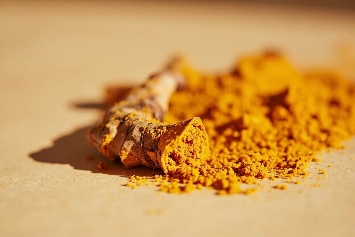 Turmeric in its natural form. Turmeric is the dried, ground rhizome of Curcuma longa, a tropical plant in the ginger family. Tasting profile: curcumin (earthy, warm, faintly bitter), turmerone (woody, spicy, musky), zingiberene (shared with ginger: fresh, slightly citrusy), mild tannin bitterness.