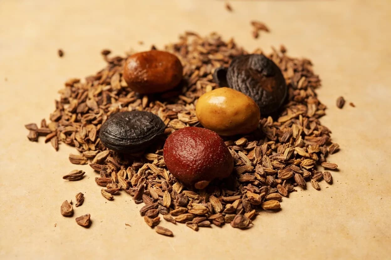 Ujiza Seed paired with Goat meat or bushmeat (pepper soup base) (Nigerian (Igbo)) — the canonical affinity made visible. Uziza seed is the primary spice in nkwobi and goat pepper soup; its heat and earthiness cut through goat's gamy richness, while the astringency helps clarify the broth.