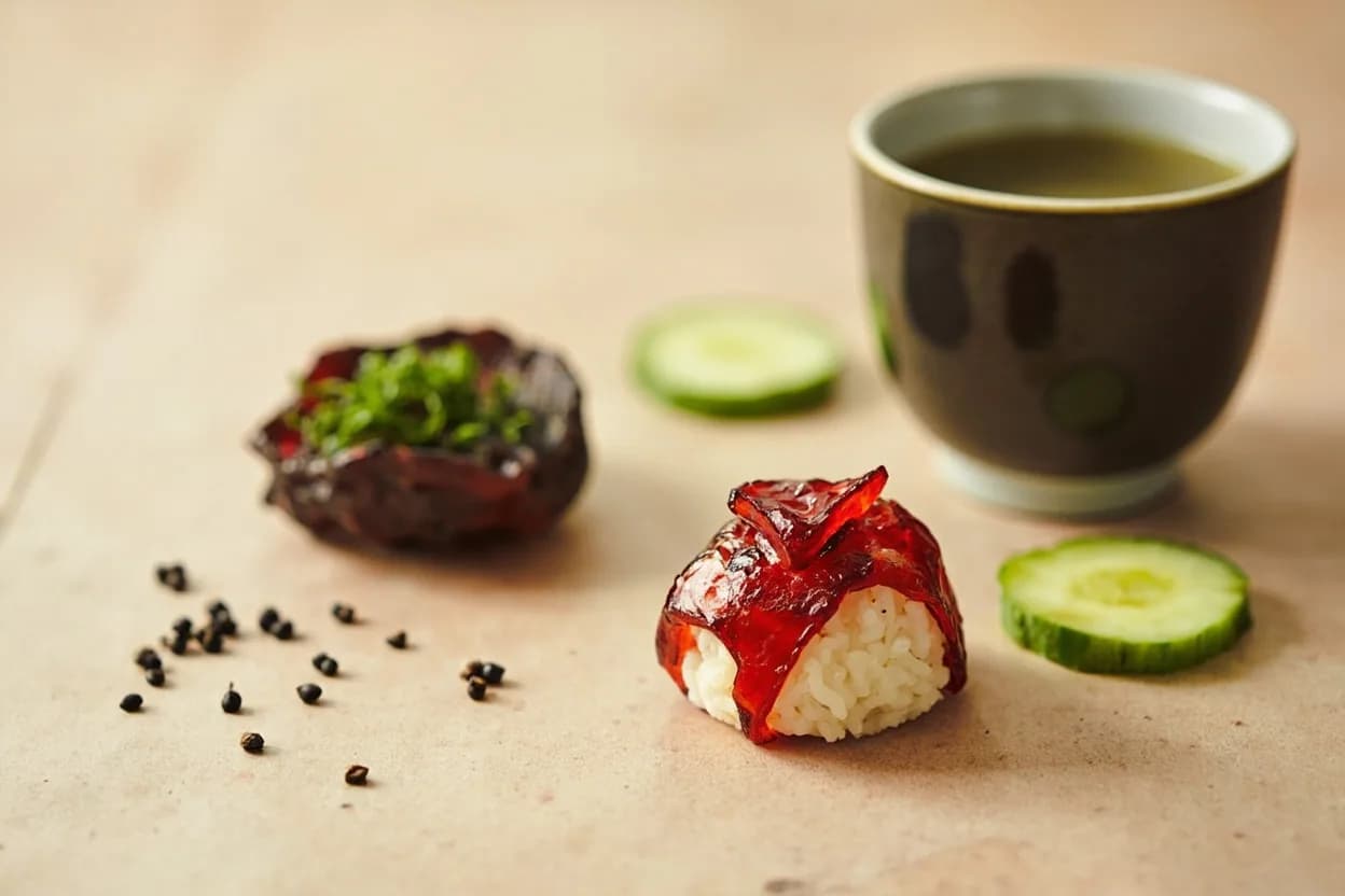 Umeboshi (Pickled Plum) paired with White rice (onigiri) (Japanese) — the canonical affinity made visible. A single umeboshi nested inside a rice ball is one of Japan's most iconic pairings — the acid and salt season the neutral grain from within, preserving it too.