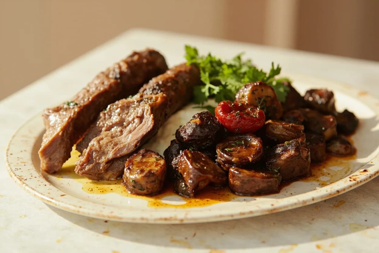 Urfa Biber paired with lamb (grilled or braised) (Turkish) — the canonical affinity made visible. The Turkish classic — Urfa biber's dark fruit and smoke are calibrated for lamb's mineral richness in köfte, kebabs, and stews.