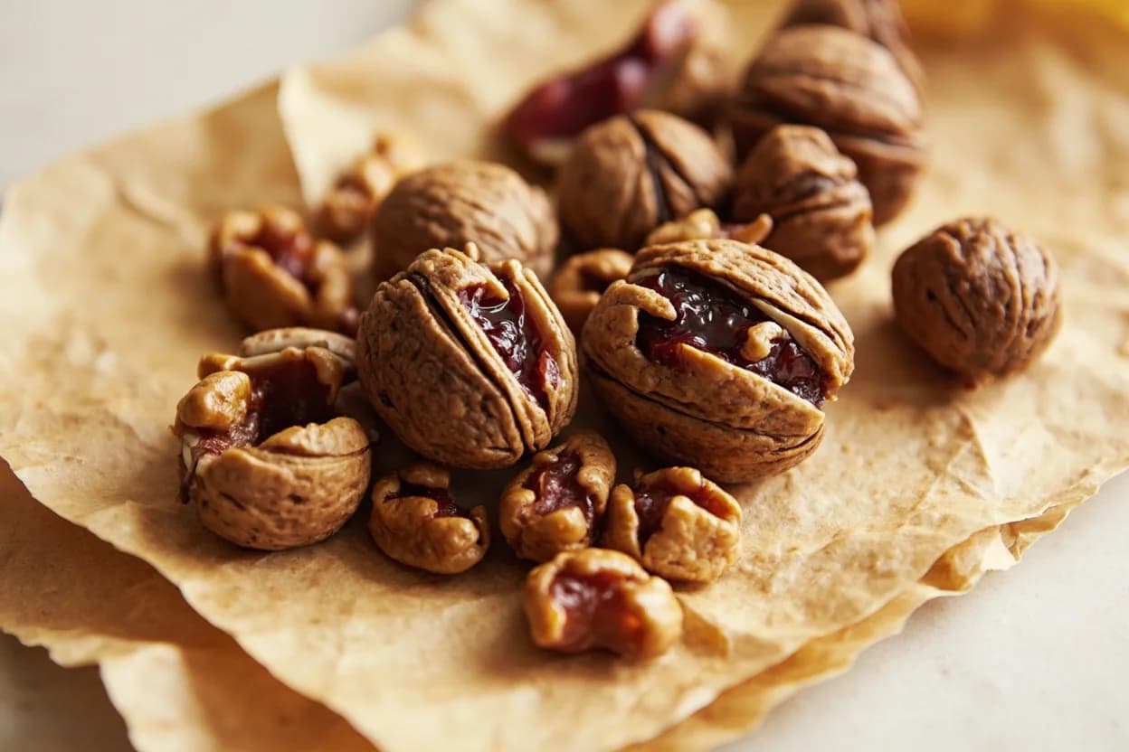 Walnuts paired with Pomegranate molasses (Persian) — the canonical affinity made visible. Ground walnuts and pomegranate molasses form the backbone of Persian fesenjan; the nut's fat absorbs and mellows the molasses's sharp acidity into a dark, resonant sauce.