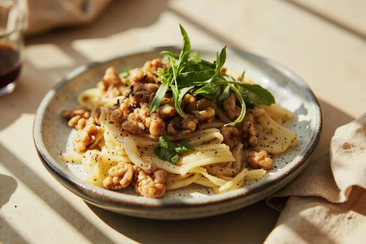 Walnuts in its element — Fesenjan (Persian pomegranate-walnut stew with duck or chicken). Adventurous crossover: Miso — Walnut's bitter oil blended with white miso creates a deeply umami, savory spread or dressing — the fermented saltiness tames the nut's bitterness without sweetness..