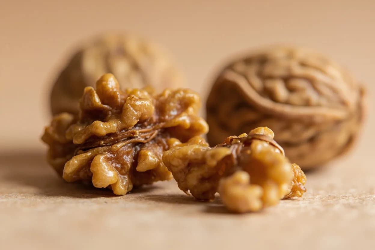 Walnuts in its natural form. The walnut (Juglans regia) is a large, wrinkled nut whose flavor is simultaneously bitter, rich, and faintly astringent from its papery skin, with a deeply savory, oil-forward quality. Tasting profile: Bitter, tannic astringency (especially from the skin), Deep, roasted earthiness when toasted, Rich, resinous oil that coats the palate, Faint woody and almost meaty savoriness.