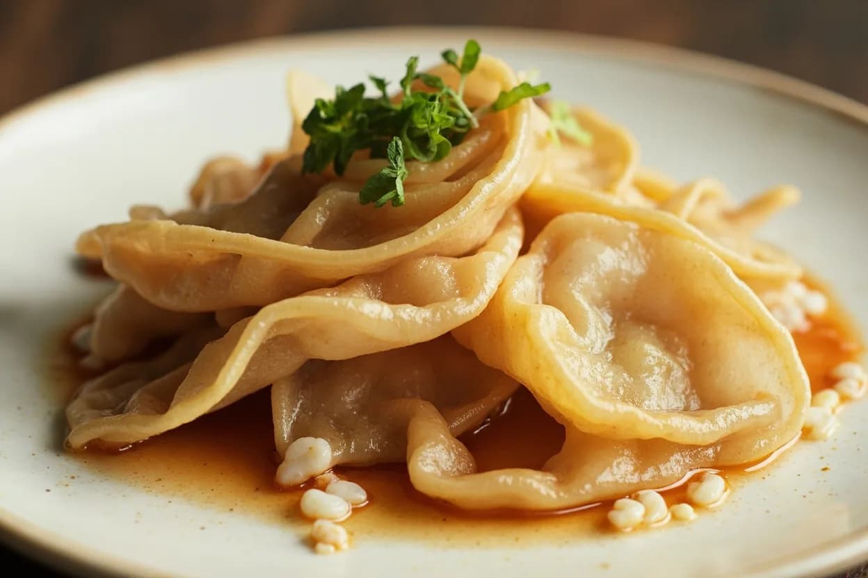 White Pepper paired with Cantonese wonton soup / clear broths (Cantonese Chinese) — the canonical affinity made visible. White pepper's clean heat seasons clear broths without adding dark specks or the fruity terpenes that would pull the broth away from its delicate character.