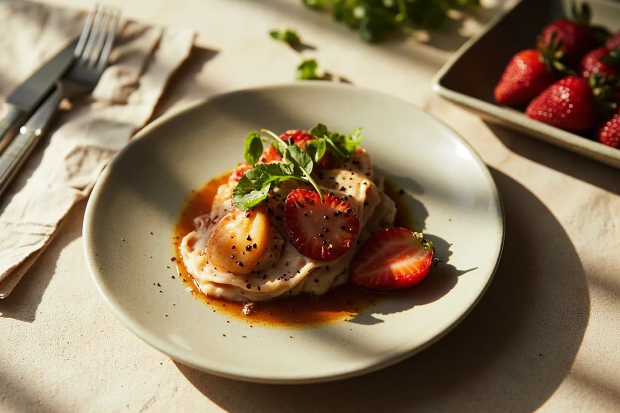 White Pepper in its element — Cantonese wonton noodle soup. Adventurous crossover: Strawberry — White pepper's musty warmth amplifies strawberry's furanone character; the combination appears in modernist desserts and strawberry-pepper jam where black pepper would overwhelm..