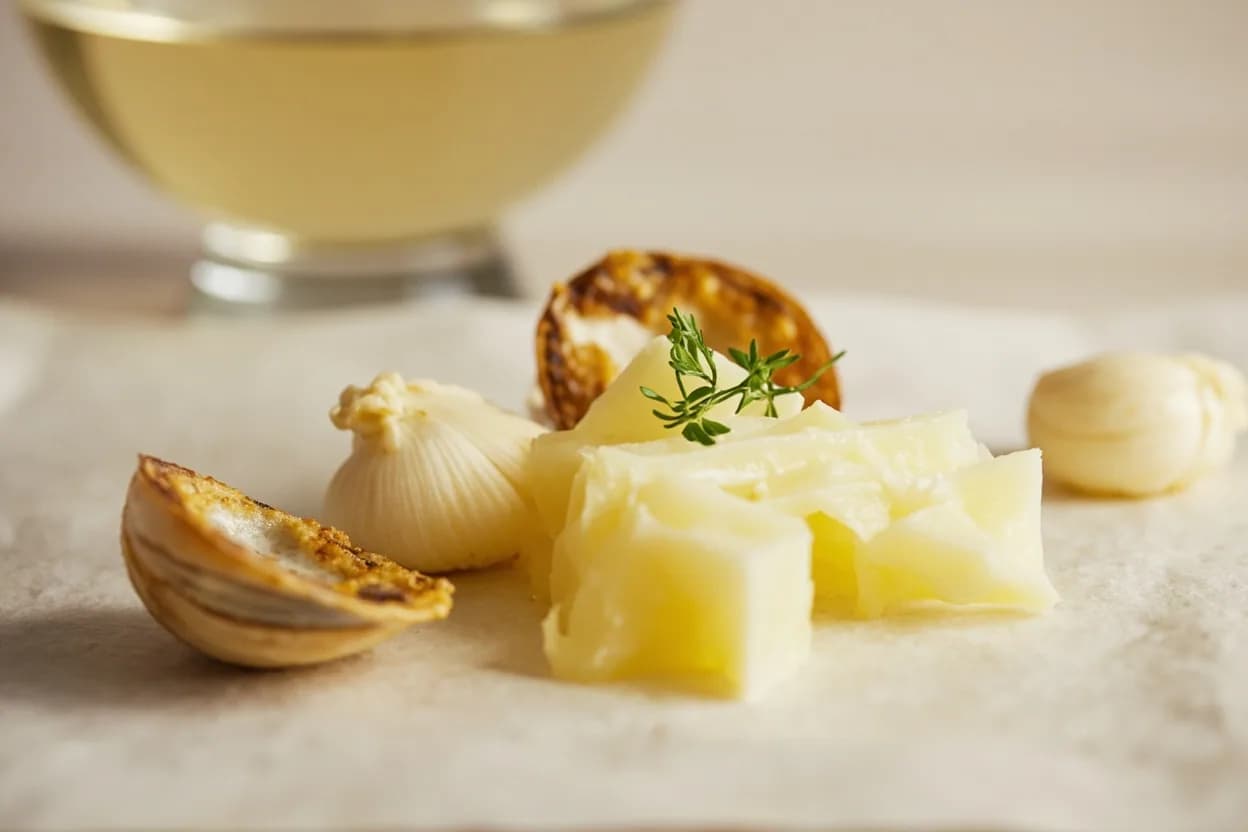 White Wine paired with Butter (beurre blanc, beurre nantais) (French) — the canonical affinity made visible. The acid in white wine prevents butter emulsions from breaking by lowering the pH — the classic French butter sauce is structurally impossible without it.