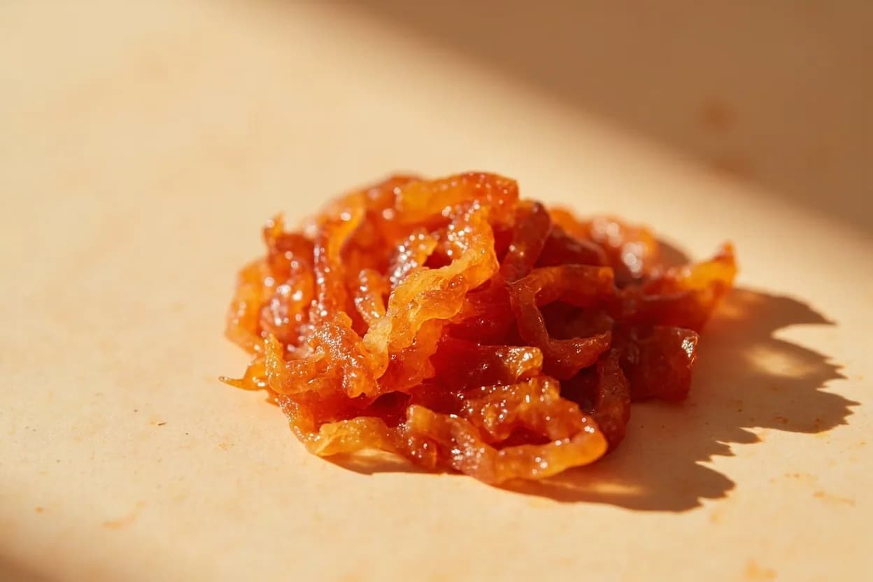 XO Sauce in its natural form. XO sauce is a Cantonese condiment invented in Hong Kong in the 1980s — the 'XO' borrows the cognac classification XO (Extra Old) to signal luxury, though the sauce contains no cognac. Tasting profile: intense seafood umami — inosinate (IMP) from dried shrimp and scallop, glutamate depth — nucleotide synergy with dried scallop's guanylate, savory-cured — dried ham contributes aged pork salt and Maillard richness, gentle chili heat — dried chili provides background warmth without dominating.