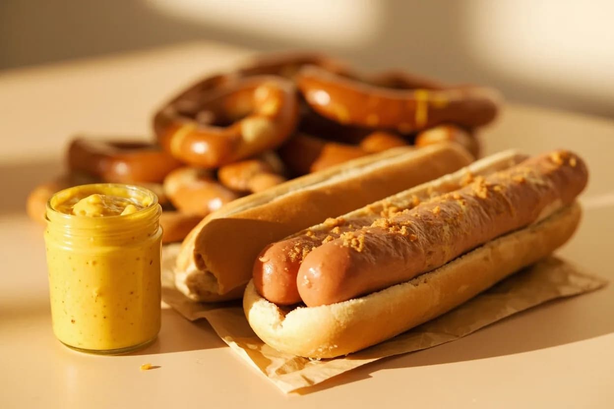 Yellow Mustard paired with hot dogs and frankfurters (American) — the canonical affinity made visible. The definitive pairing — yellow mustard's bright acidity cuts through the fatty, smoky casing with zero competition.