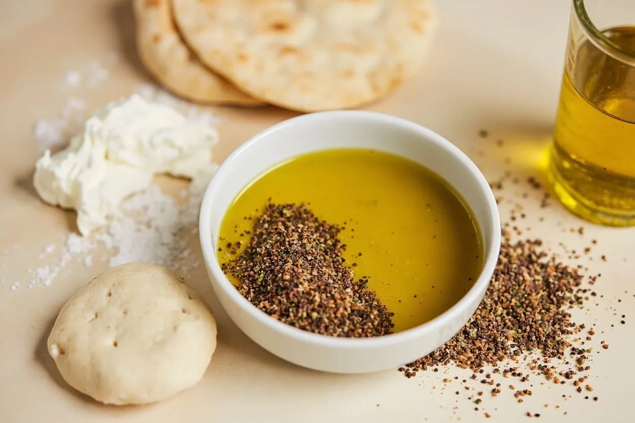 Za'atar paired with olive oil (Levantine) — the canonical affinity made visible. The ur-pairing: za'atar mixed with good olive oil as a dip for flatbread is eaten at every Levantine breakfast table.