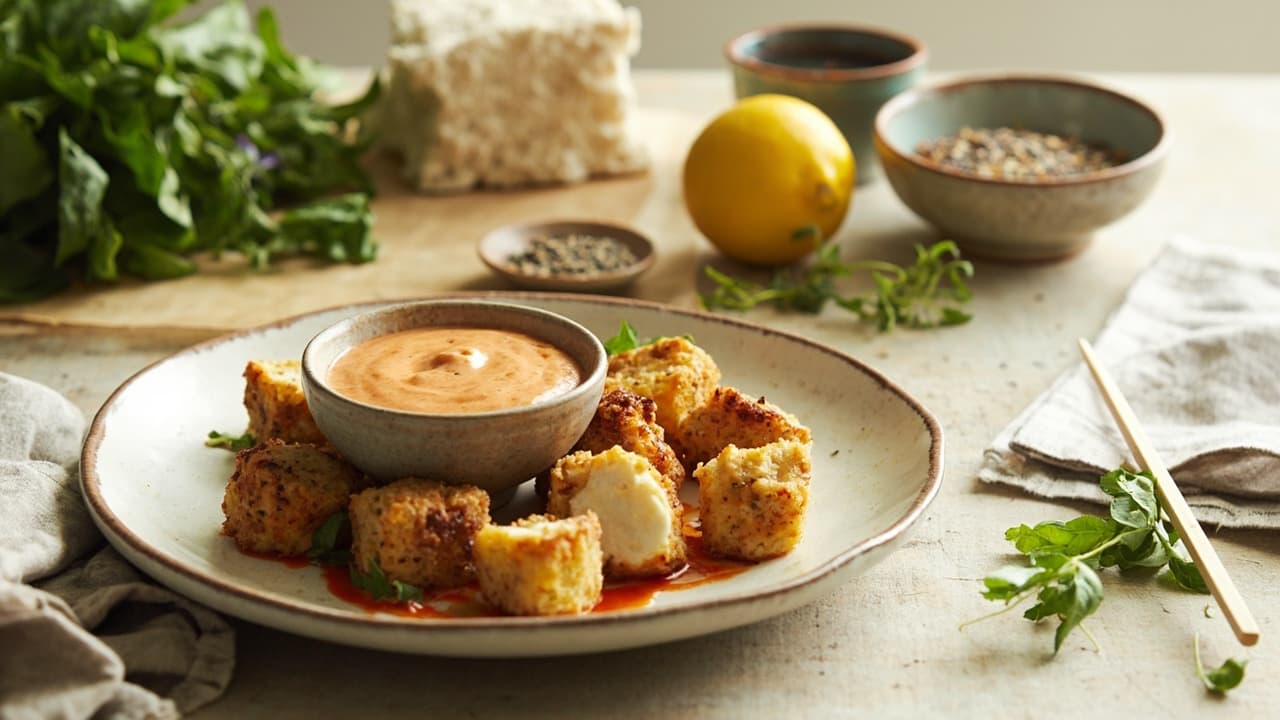 Almond Flour Crusted Tofu Bites with Sriracha Tahini Dip