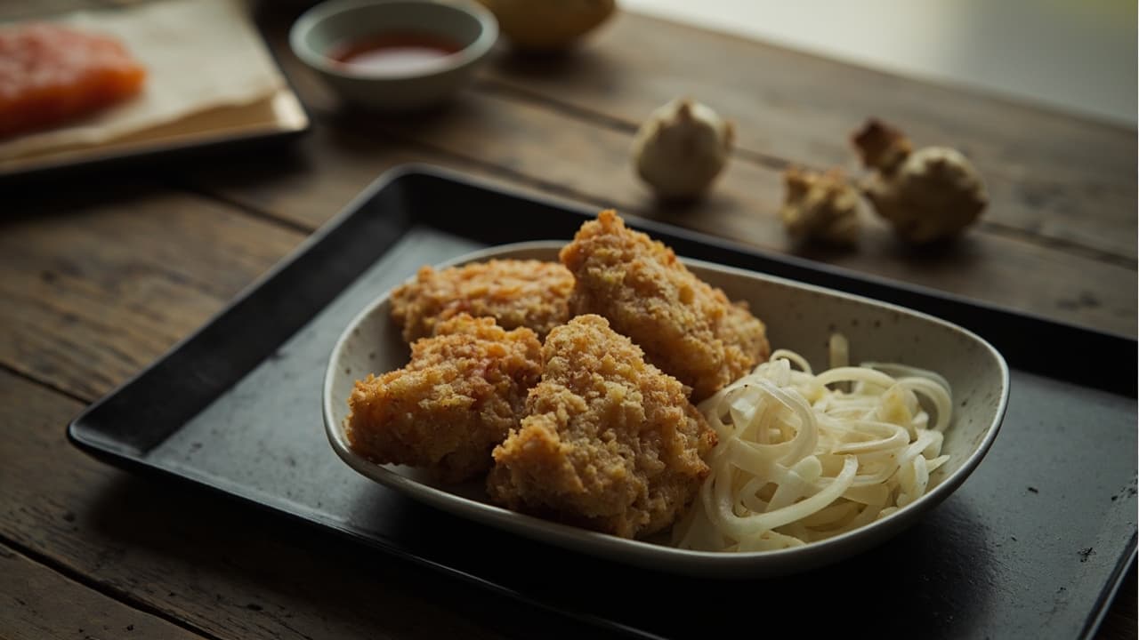Almond Flour Salmon Karaage with Pickled Turnip