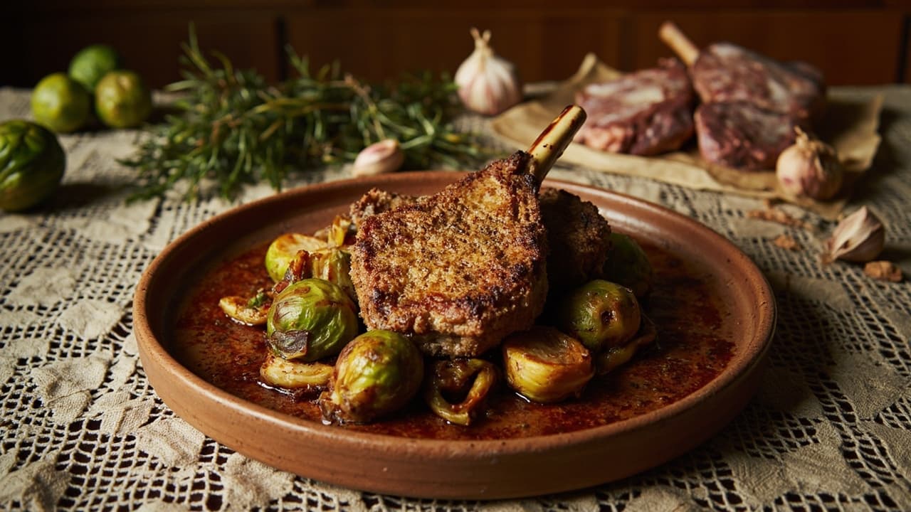 Baked Lamb Chops with Almond Crust and Brussel Sprouts