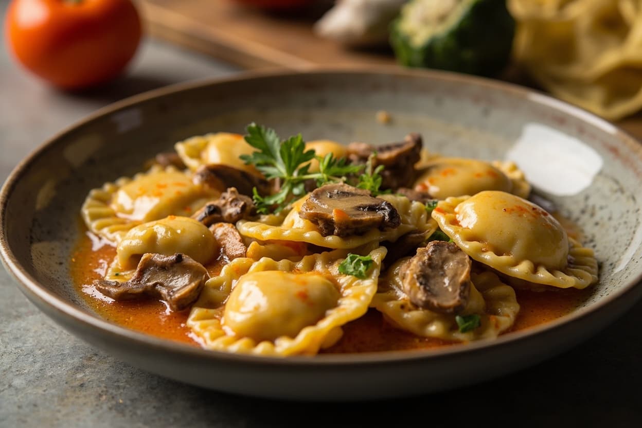 Chili-Garlic Butter Mushroom Ravioli