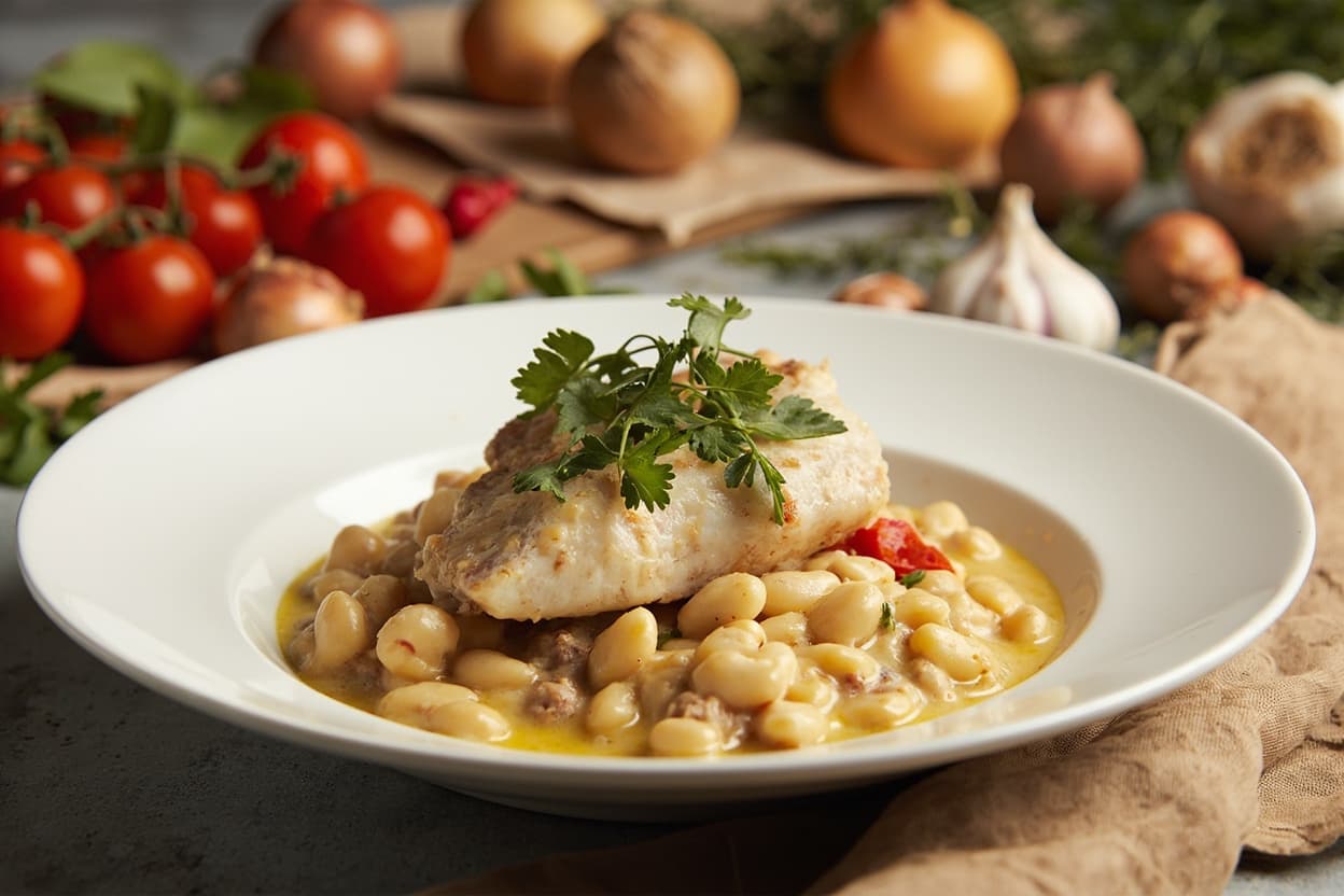 Cod simmered with creamy white beans