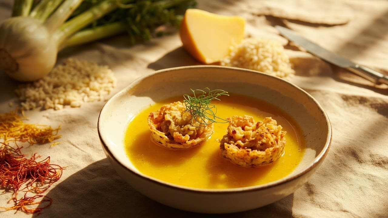 Fennel and Manchego Stuffed Rice Cups with Saffron Broth