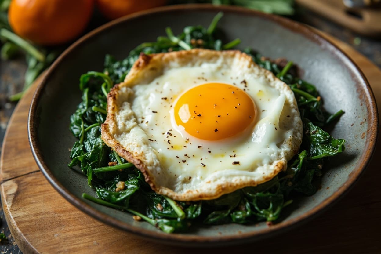 Flawless Fried Egg with Garlicky Spinach