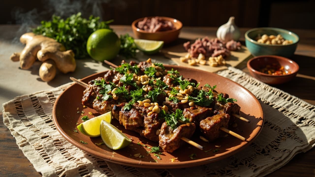 Ginger-Lime Beef Skewers with Toasted Peanut