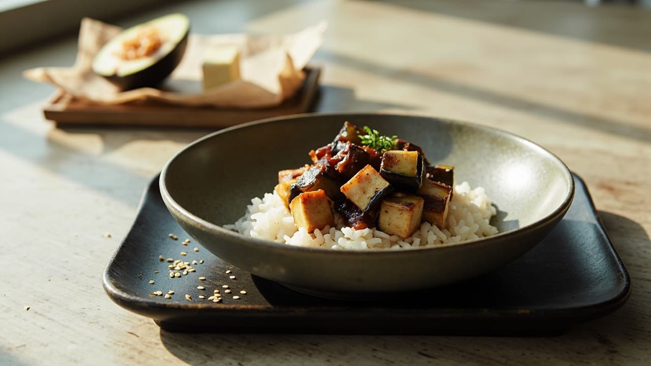 Ginger Soy Glazed Eggplant and Tofu Bites