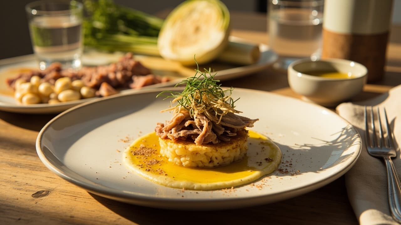 Mini Saffron Rice Cakes with Duck, White Beans and Fennel