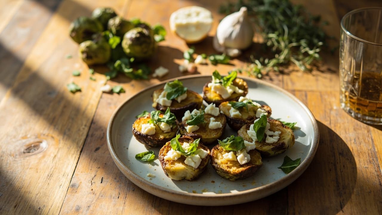 Roasted Brussels Sprout and Feta Bites with Greek Vinaigrette