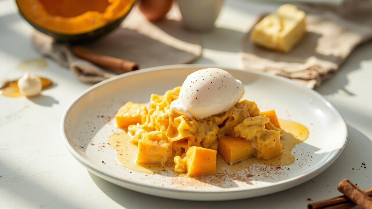 Roasted Pumpkin Bites with Soft Scrambled Egg, Honey, and Cinnamon