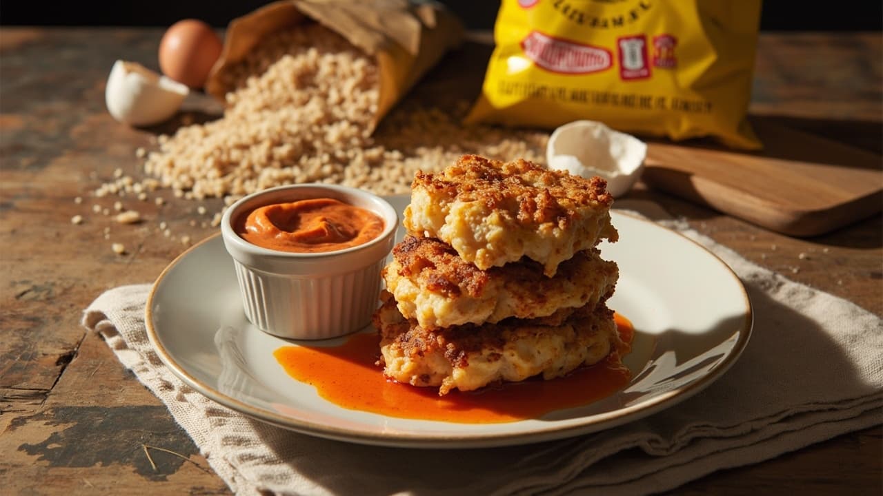 Scallop Rice Fritters with Chip Crust and Sriracha Sour Cream