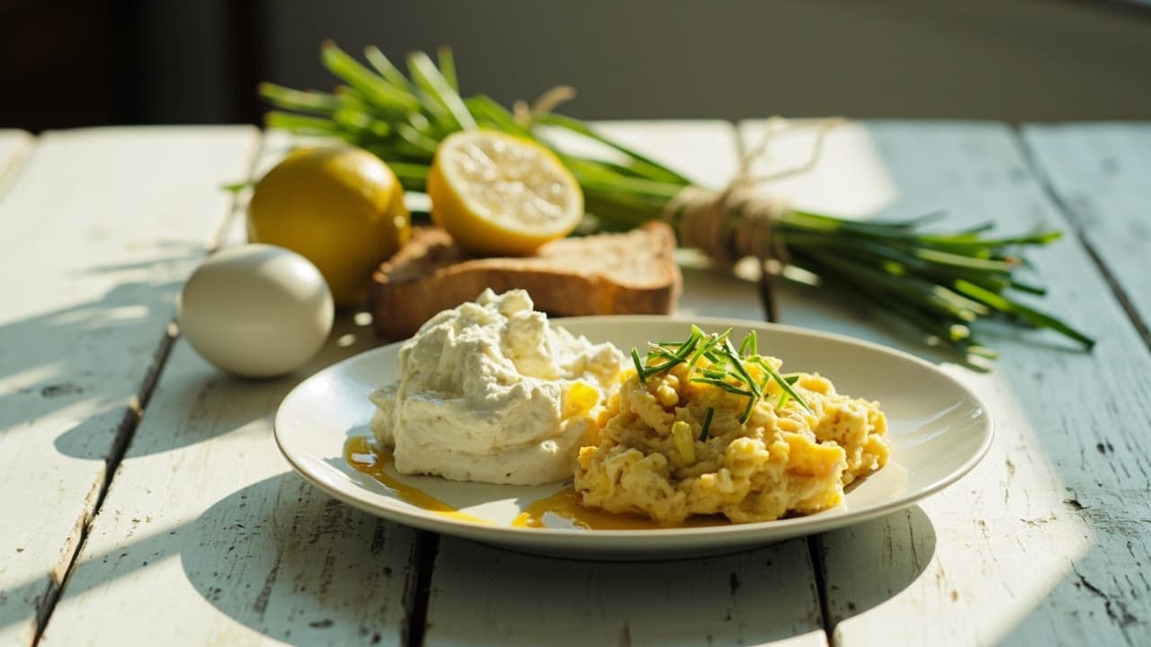 Sour Cream and Feta Dip with Soft Scrambled Eggs, Honey, and Chives