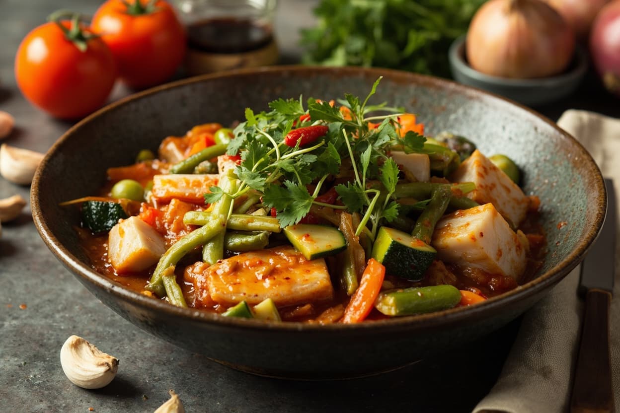 Spicy Cod and Zucchini Stew with Edamame