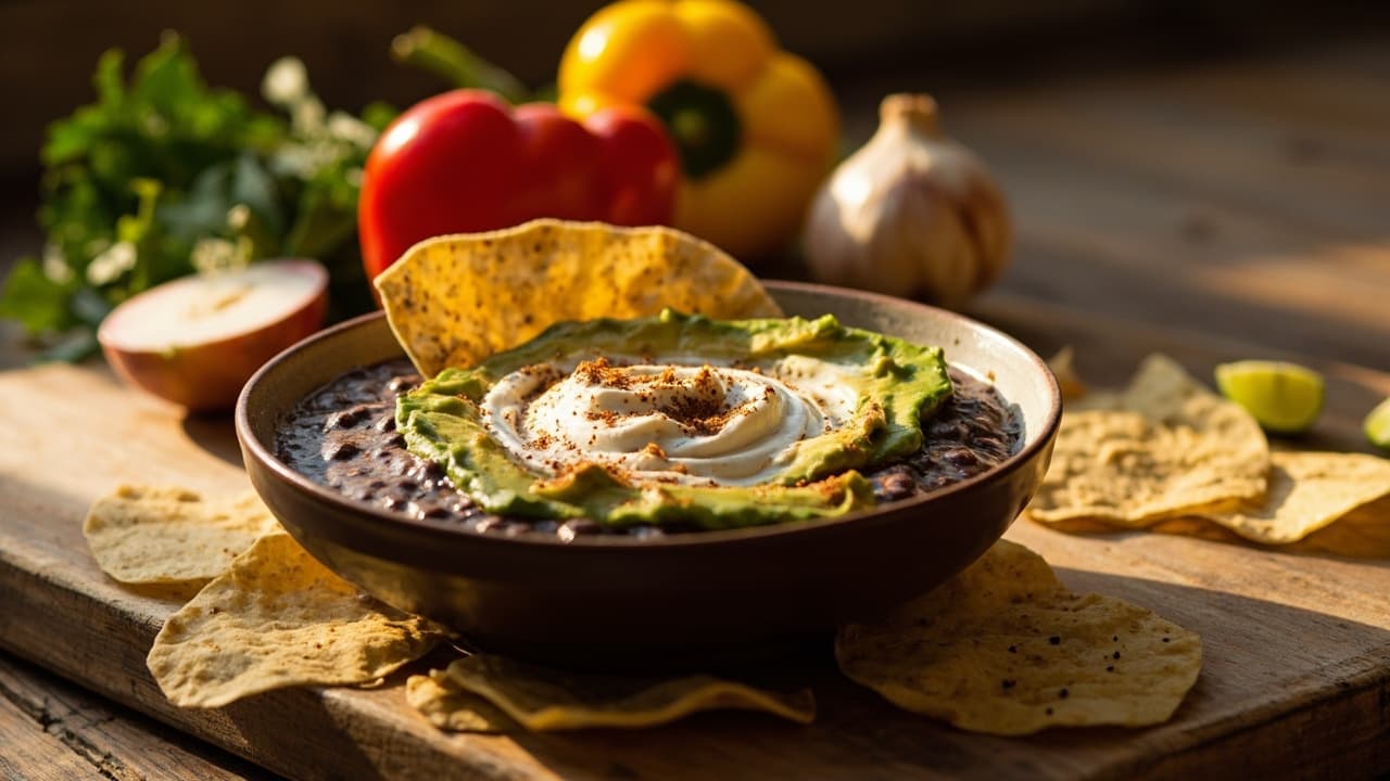 Venezuelan Black Bean and Avocado Dip with Sour Cream and Cumin