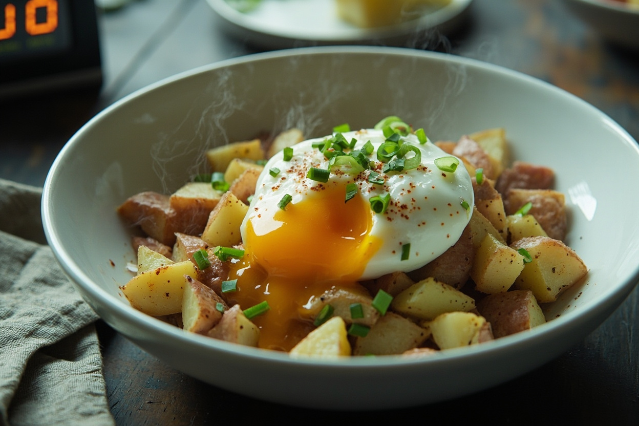 6-Minute Microwave Poached Egg Potato Hash